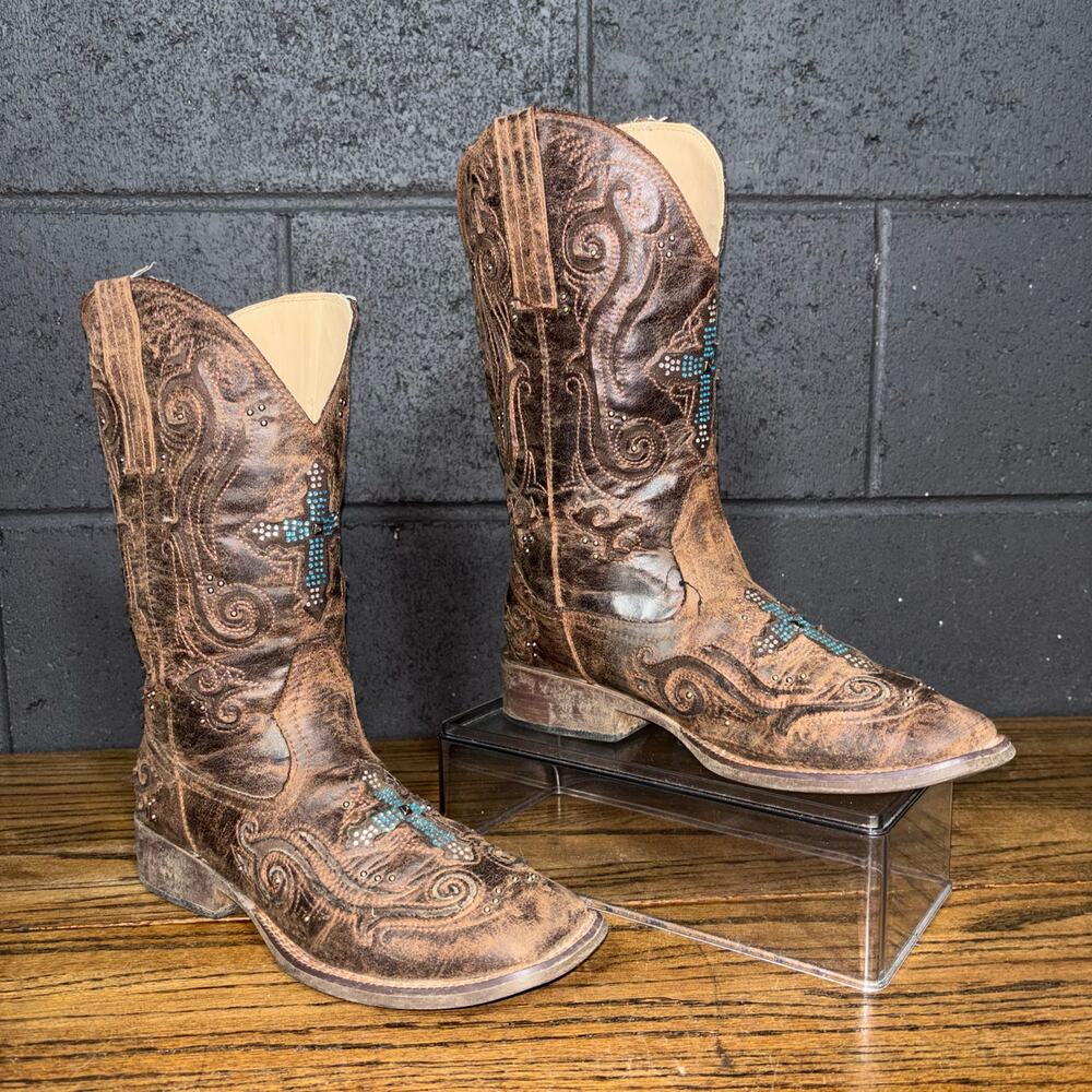 Roper Brown Western Boots Turquoise Cross Inlay Faux Leather Cowgirl Women’s 7